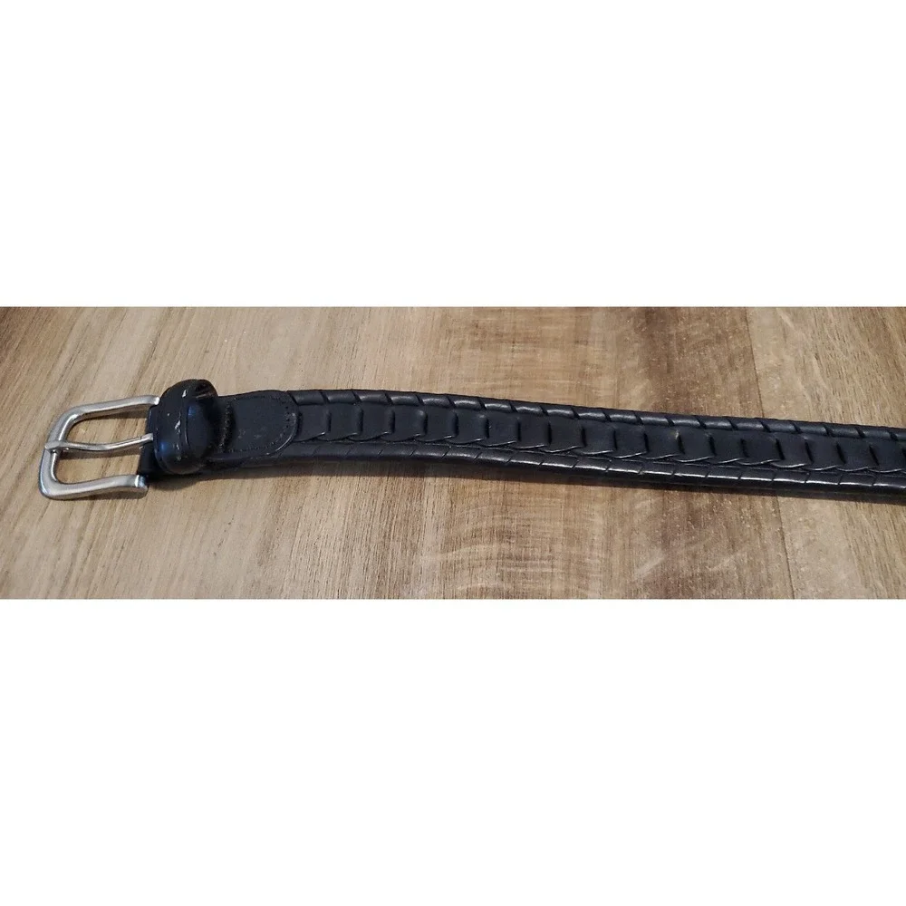 Western Woven Black Faux Leather Belt Chain Link Silver Tone Buckle Mens Size 42